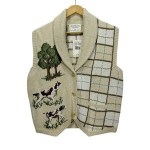 Vintage Marisa Christina Hand Knit Vest Dogs Trees Plaid Beige Sweater Vest M